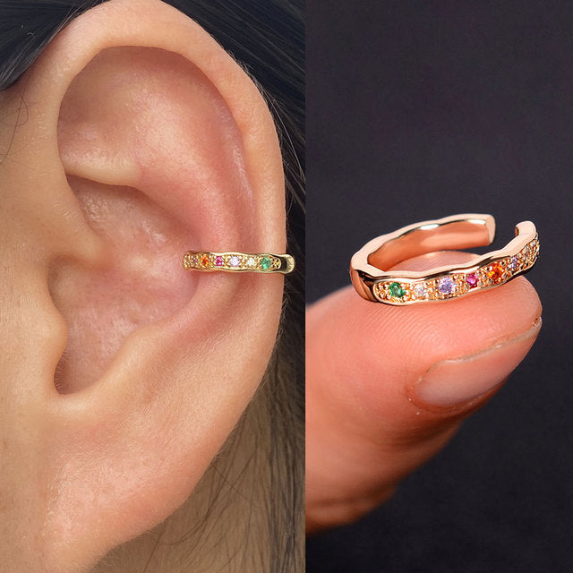 1Pc Hollow Geometry Rainbow CZ Cuff Wrap Clip On Earrings Women Girls Climber Ear Cartilage Bone Clips Fake Earring Non Piercing