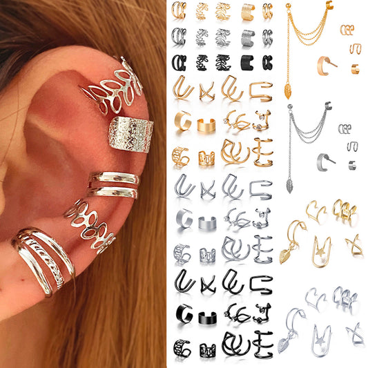 LATS Silver Color Leaves Clip Earrings for Women Men Creative Simple C Ear Cuff Non-Piercing Ear Ear Clip Set Trend Jewelry Gift